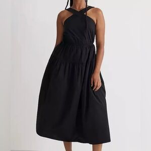 Madewell Size 4 Black Poplin Halter Tiered Lagenlook Flowy Midi Dress